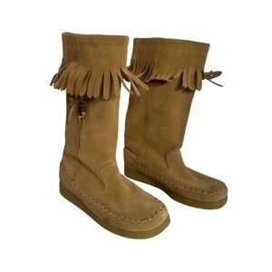 Report Dubai Suede Fringe Tall Boots Tan Moccasin Style Women's Size 7.5